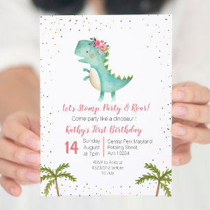 Dinosaure rose floral Invitation d'anniversaire fi