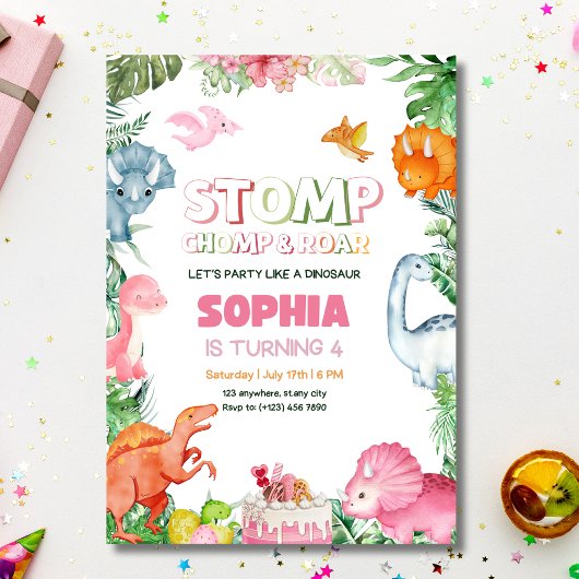 Dinosaure rose Invitation Anniversaire Dinosaure f