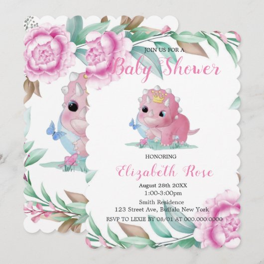 Dinosaure rose mignon et Invitations Baby showers (Devant / Derrière)