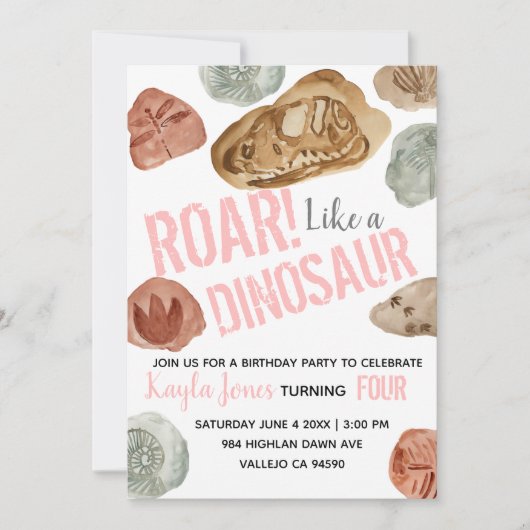 Dinosaure rose mou invitation d'anniversaire fossi (Devant)