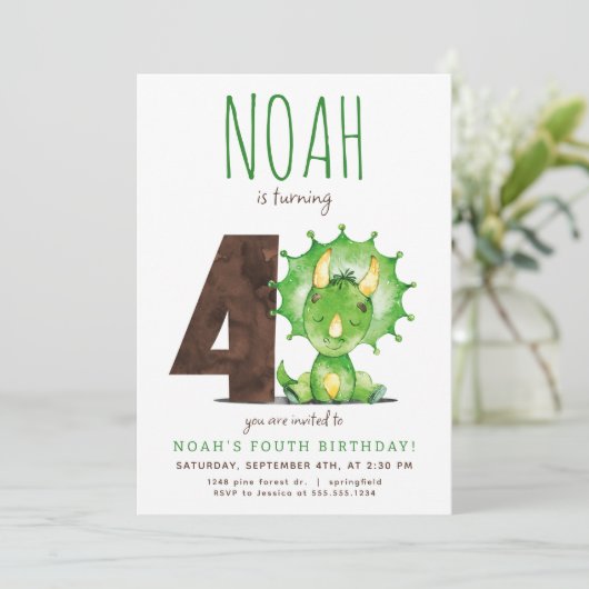 Dinosaure Vert 4e Invitation d'anniversaire (Debout devant)