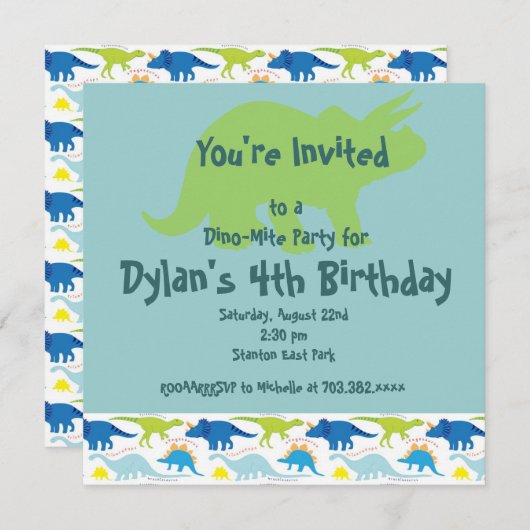 Dinosaure Vert & Bleu Invitations de fête d'annive (Devant / Derrière)
