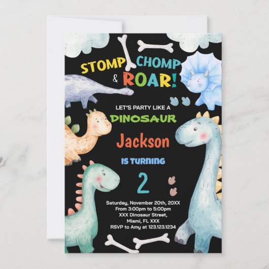 Dinosaure vert noir Invitations d'anniversaire (Devant)