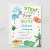Dinosaure Vert Orange Invitations Anniversaire (Devant)