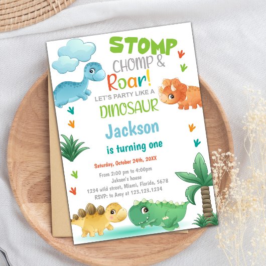 Dinosaure Vert Orange Invitations Anniversaire