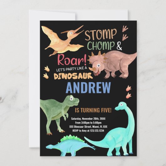 Dinosaure vert orange noir Invitations d'anniversa (Devant)