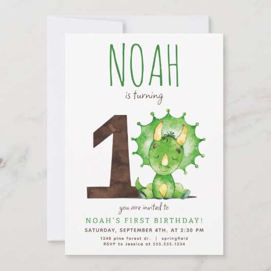 Dinosaure Vert Première Invitation d'anniversaire (Devant)