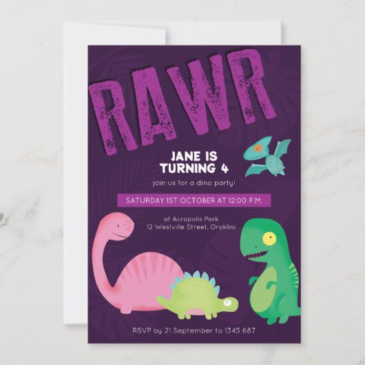Dinosaure violet Invitation d'anniversaire (Devant)