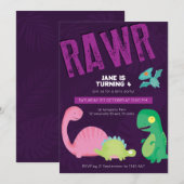Dinosaure violet Invitation d'anniversaire (Devant / Derrière)