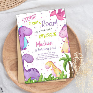 Dinosaure violet rose Invitations d'anniversaire