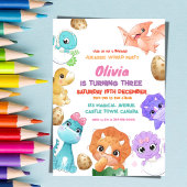 Dinosaures 3ème Fille Anniversaire Invitation