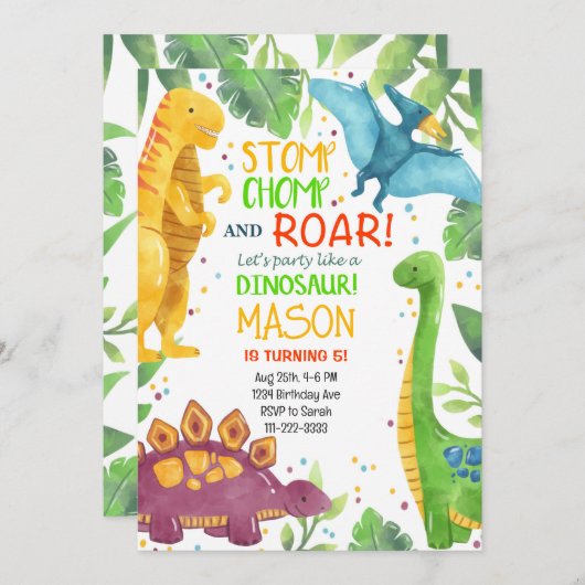 Dinosaures colorés tropicaux Invitation d'annivers (Devant / Derrière)