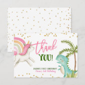 Dinosaures et licornes Carte de remerciements d'an (Devant / Derrière)