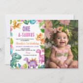 Dinosaures Fille 1er Anniversaire Photo Invitation (Devant)