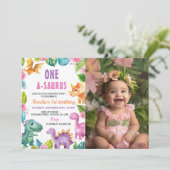 Dinosaures Fille 1er Anniversaire Photo Invitation (Debout devant)