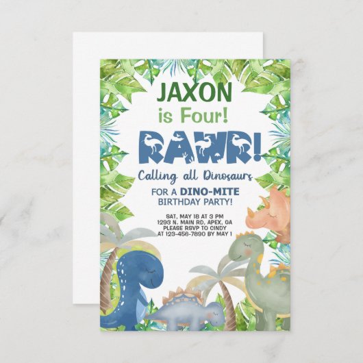Dinosaures invitation d'anniversaire garçon, invit (Devant / Derrière)