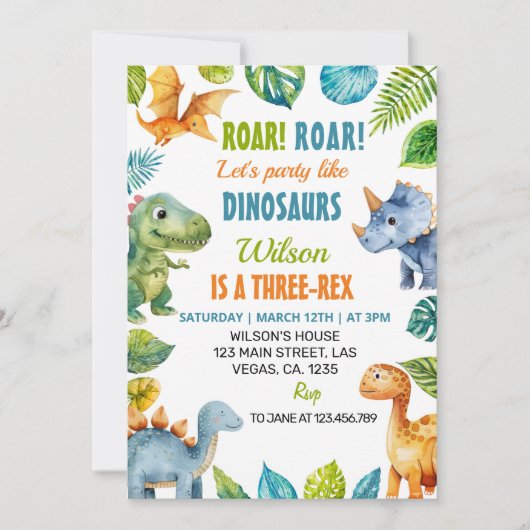 Dinosaures Invitation de fête d'anniversaire à tro (Devant)