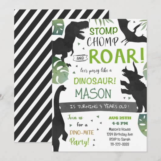 Dinosaures noirs Invitation de fête d'anniversaire (Devant / Derrière)