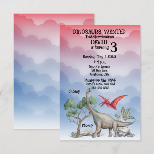 Dinosaures Recherché Toddler Invitation Anniversai (Devant / Derrière)