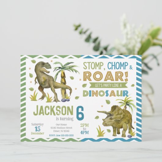 Dinosaurs Birthday Invitation | T-rex | Triceratop (Debout devant)