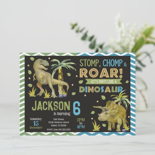 Dinosaurs Birthday Invitation | T-rex | Triceratop (Debout devant)