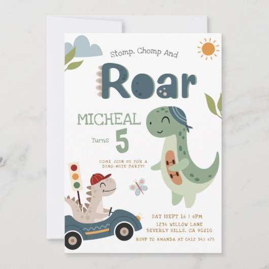 Dinosaurs Stomp Chomp Roar Boy Birthday Invitation (Devant)