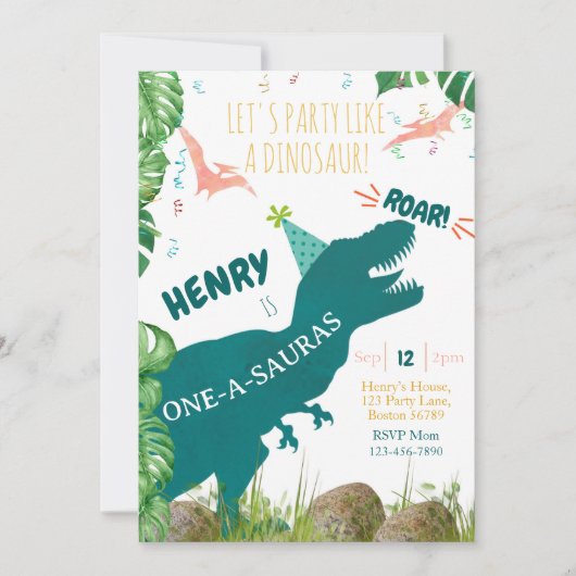 Dinosaurus 1e Verjaardag Uitnodiging Oneasauras TR (Voorkant)