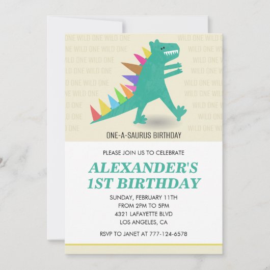 Dinosaurus 1e verjaardag uitnodiging Rainbow t rex (Voorkant)