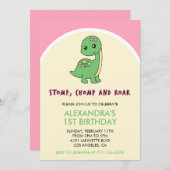 Dinosaurus 1e verjaardag uitnodiging stomp chomp r (Voorkant / Achterkant)