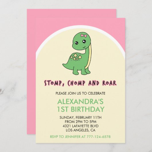 Dinosaurus 1e verjaardag uitnodiging stomp chomp r (Voorkant / Achterkant)