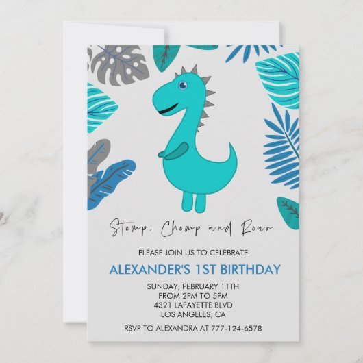 Dinosaurus 1e verjaardag uitnodiging stomp chomp r (Voorkant)