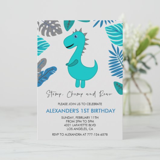 Dinosaurus 1e verjaardag uitnodiging stomp chomp r (Staand voorkant)