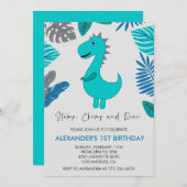 Dinosaurus 1e verjaardag uitnodiging stomp chomp r (Voorkant / Achterkant)