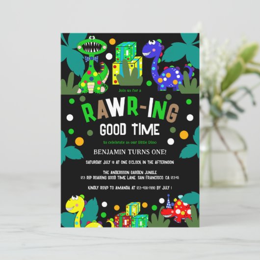 Dinosaurus 1e verjaardagsfeestje kaart (Staand voorkant)