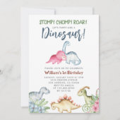 Dinosaurus 1e Verjaardagsfeestje Stomp Chomp Roar Kaart (Voorkant)