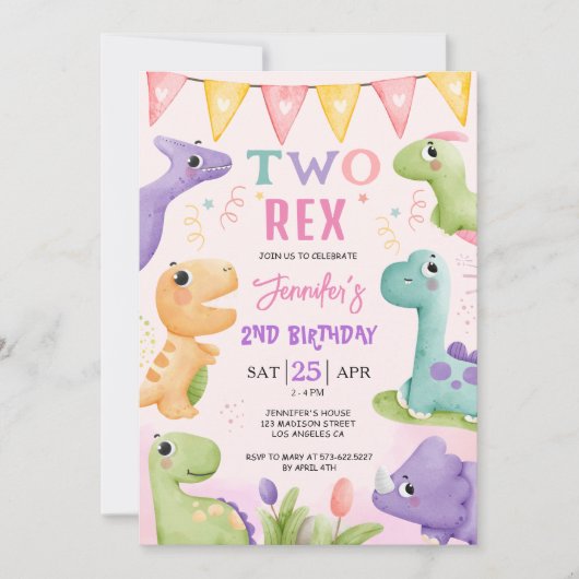 Dinosaurus 2e Verjaardags Meisje Schattige Two-Rex Kaart (Voorkant)