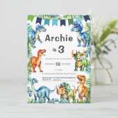 Dinosaurus 3e verjaardag uitnodiging (Staand voorkant)