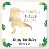 Dinosaurus 4e Verjaardagsfeestje Goud Tyrannosauru Vierkante Kartonnen Onderzetter (Voorkant)