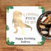 Dinosaurus 4e Verjaardagsfeestje Goud Tyrannosauru Vierkante Kartonnen Onderzetter