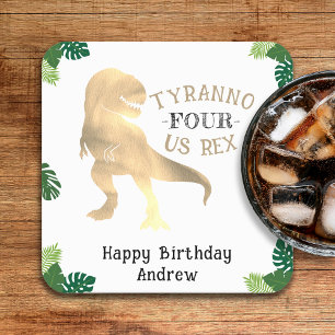 Dinosaurus 4e Verjaardagsfeestje Goud Tyrannosauru Vierkante Kartonnen Onderzetter