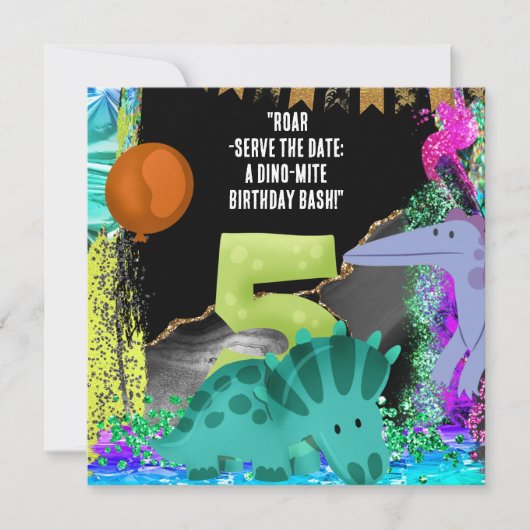 Dinosaurus 5e verjaardagsfeest save the date (Voorkant)
