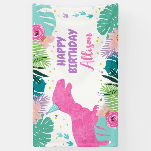 Dinosaurus Achtergrond T-Rex Roze Dino Meisje Verj Spandoek (Verticaal)