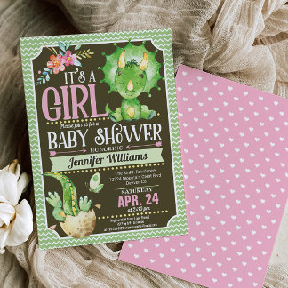 Dinosaurus Baby shower Uitnodiging Meisje, Groen &