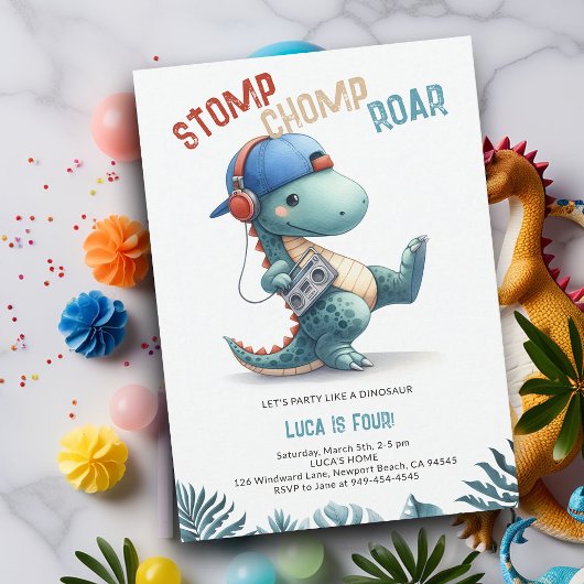 Dinosaurus Boom Box Stomp Chomp Roar Boy Verjaarda Kaart