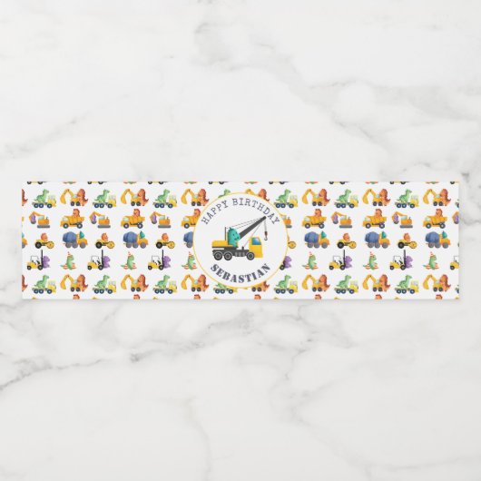 Dinosaurus Bouw Crew Verjaardagsfeest Waterfles Etiket (Enkel label)