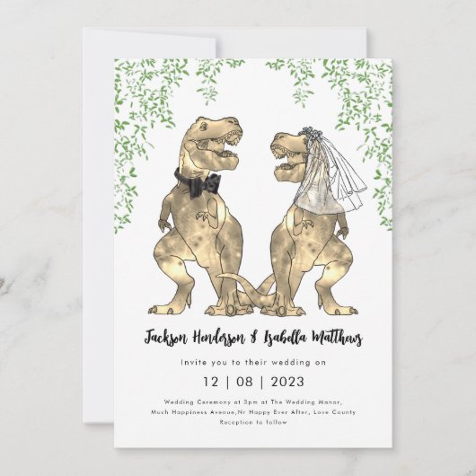 Dinosaurus Bruiloft T-Rex Bruid en bruidegom Kaart (Voorkant)