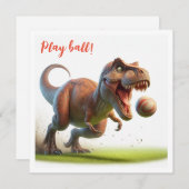 Dinosaurus die bal spelen, t-rex verjaardagsuitnod kaart (Voorkant / Achterkant)