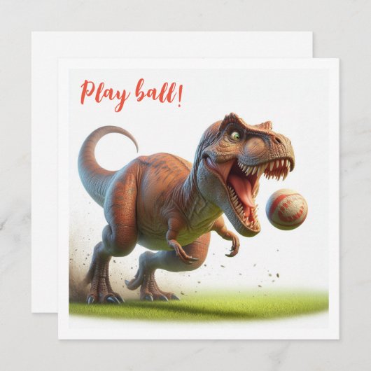 Dinosaurus die bal spelen, t-rex verjaardagsuitnod kaart (Voorkant / Achterkant)