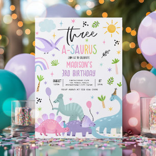 Dinosaurus Drie-A-Saurs Roze 3e Verjaardagsfeestje Kaart