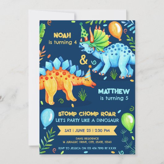 Dinosaurus Dubbele Viering Jongens Verjaardagsfoto Kaart (Voorkant)